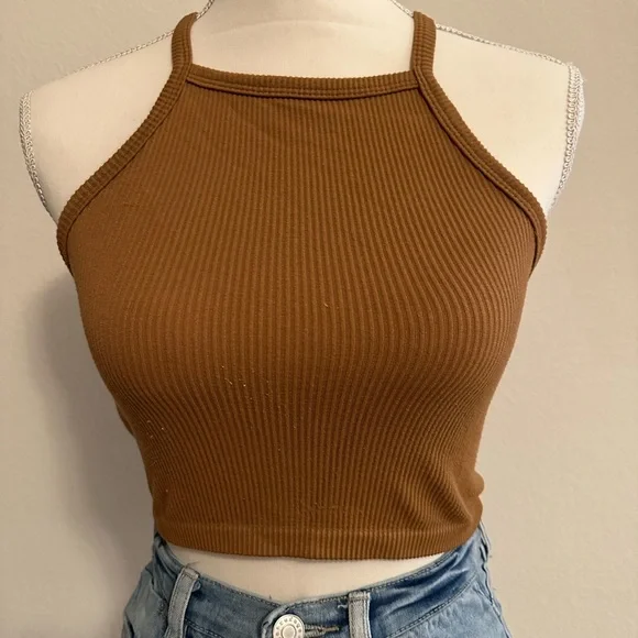 Brown Stretchy Ribbed High Racerback Neck Crop Top Tank Sleeveless Size S/M - Picture 2 of 6